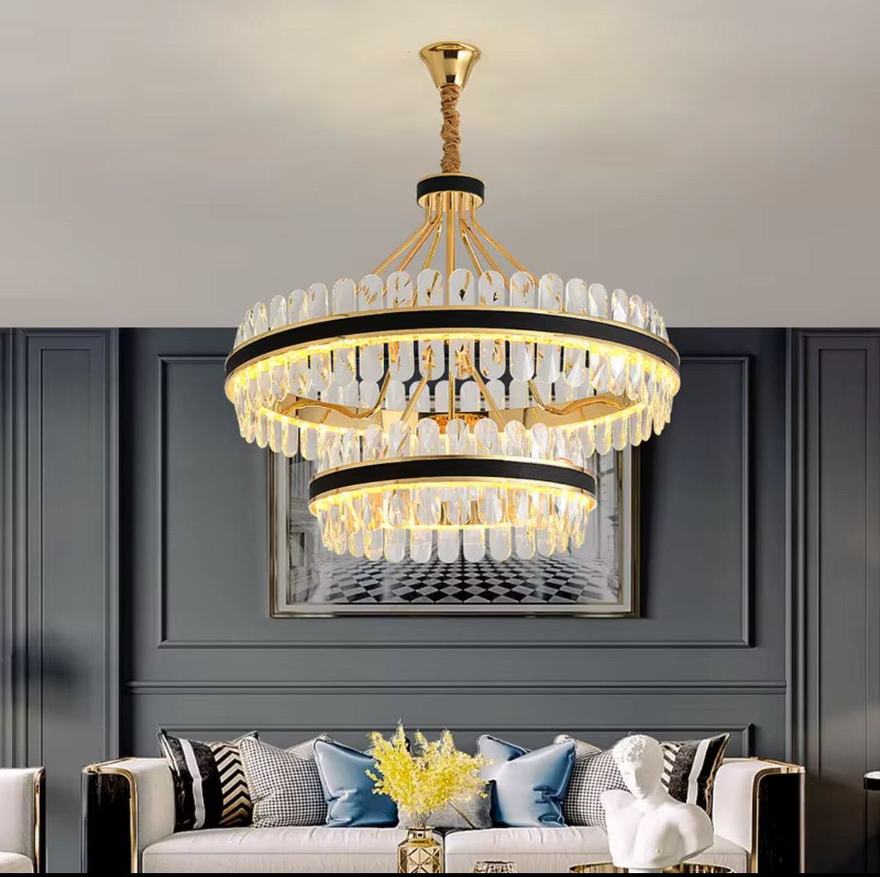 Lustre deux étages or et noir avec cristaux — Watts, matériel électrique Dakar Sénégal