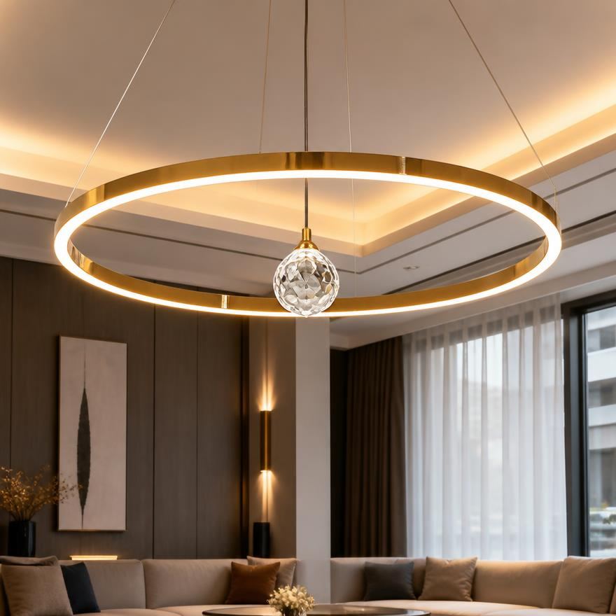 Lustre moderne circulaire avec sphère centrale dorée — Watts, matériel électrique Dakar Sénégal