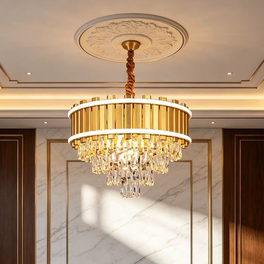 Lustre tambour doré à pampilles cristal — Watts, matériel électrique Dakar Sénégal